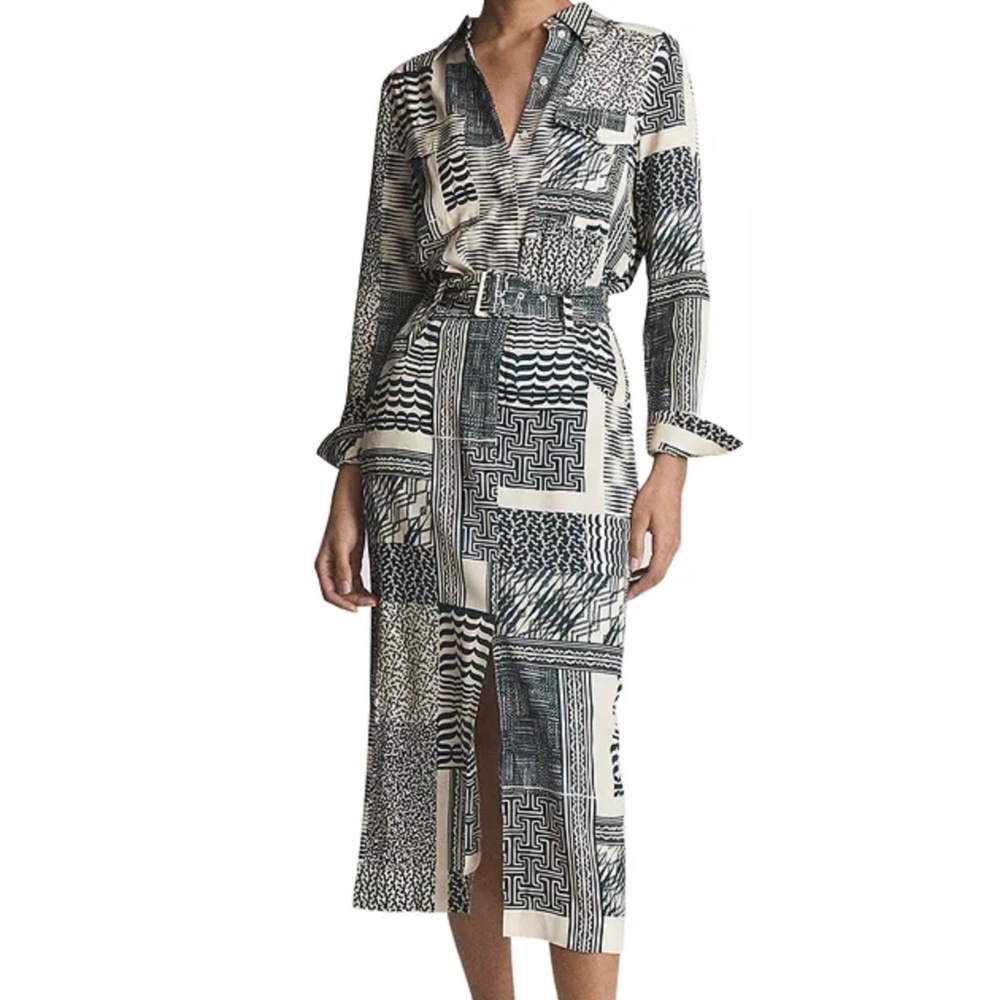 Reiss Black and Cream Printed Midi Shirt Dress